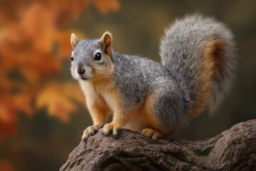 Obraz premium Autumn Squirrel: A Majestic Pose on Rustic Wood