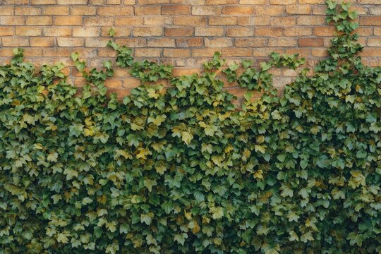 Lush green ivy covering a rustic brick wall, creating a vibrant natural texture.