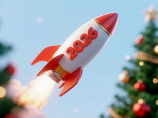 3D text 2026 year rocket launch New Year Christmas 3D rendering isolate on white background Download.