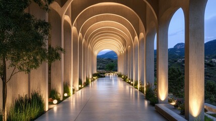 Architectural Arches Perspective View with Evening Light and Mountain Backdrop, Modern Design, Exterior Shot, Serene Atmosphere
