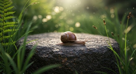 Serenity in Nature: A Close-Up of a Snail Crawling on a Rock Surrounded by Lush Greenery and Soft Sunlight in a Tranquil Setting