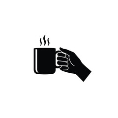 Silhouette of a hand holding a steaming coffee mug against a white background