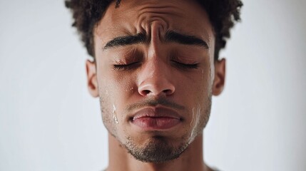 Obraz premium A man with nasal spray and teary eyes, light neutral background