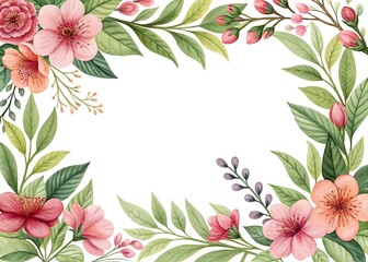 Watercolor Floral Frame with Delicate Pink Blossoms and Lush Green Foliage Art
