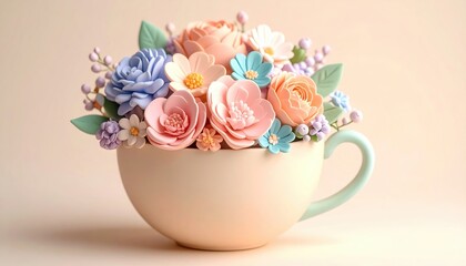 Pastel decorative flower bouquet in elegant teacup on soft beige background