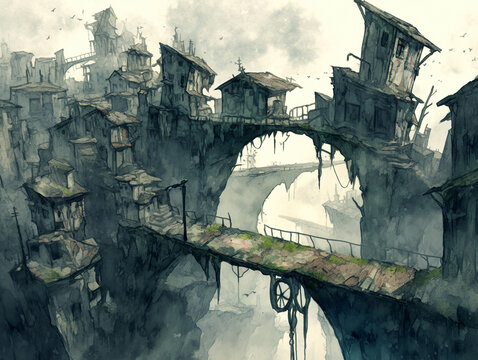 Eerie Elegance of a Sunken Town with Broken Bridges in Watercolor Style｜Grayscale Ruins Evoking Silence & Despair｜Perfect for Apocalyptic Scenes