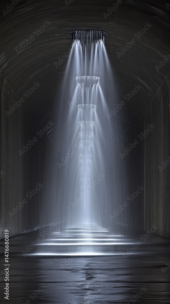 Poster underground waterfall cascade inside concrete tunnel structure vertical shot abstract water feature