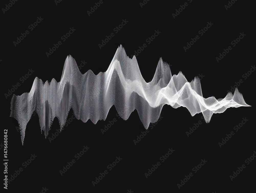 Poster abstract white waveform pattern on black background visualizes sound or data in modern style for tec