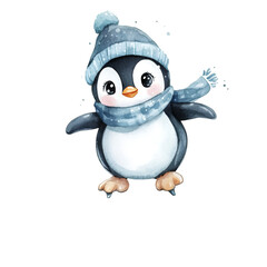 Fototapeta premium Penguin sliding on ice winter wonderland illustration snowy landscape cute animal concept