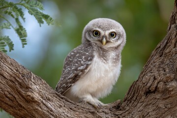 Obraz premium Young Spotted Owlet Perched on Branch: A Serene Wildlife Portrait