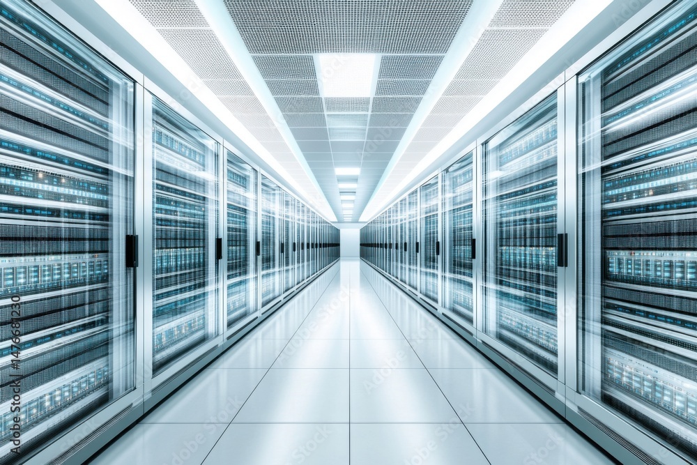 Poster data center perspective showing server racks in a long row; modern technology architecture with brig