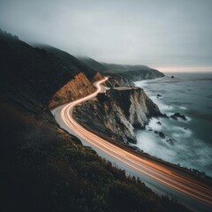 Coastal Highway at Dusk Long Exposure Car Light Trails Big Sur California Scenic Landscape Photography