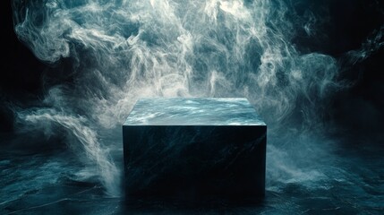 Abstract Blue Particle Cloud Surrounding a Dark Cube in a Dark Background Mysterious Ambiance with Dynamic Motion Design and Swirling Effect Minimalist Style