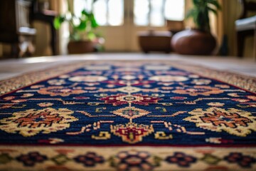 Naklejka premium A richly detailed oriental rug with intricate patterns and warm colors, adding elegance to a home interior.