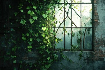 Ivy-covered brick wall with a rusty window, depicting nature reclaiming urban decay.