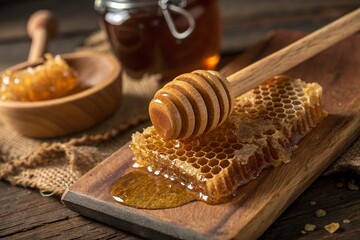 honeycomb with dipper rustic warm toned food photography world bee day