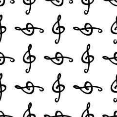 Seamless pattern of black treble clef symbols on a white background, perfect for music-themed designs, educational materials, wrapping paper