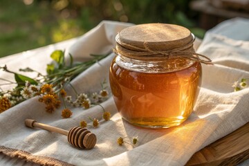 raw honey jar with linen and wood nature inspired scene world bee day