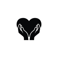 Black silhouette of hands holding a heart symbolizing love care and support isolated on white