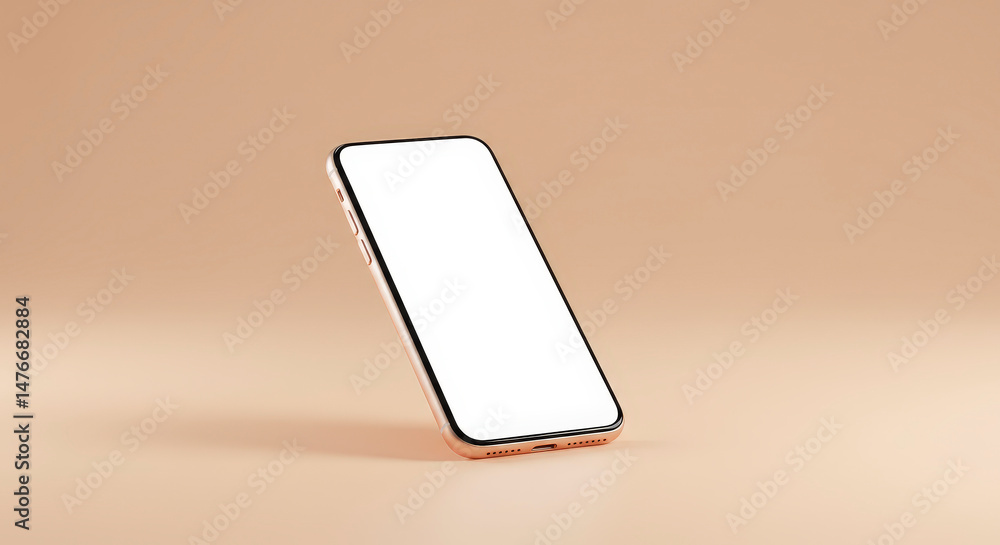 Poster gold smartphone with blank screen displaying digital interface against beige background