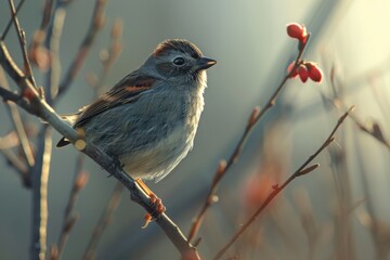 A dainty finch gathering twigs for its nest in springtime.
