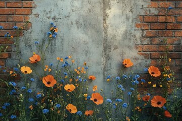 Vibrant orange and blue wildflowers bloom against a rustic brick and concrete wall.