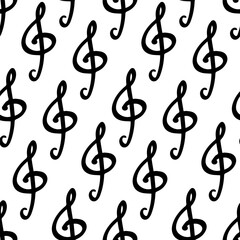 Seamless pattern of black treble clef symbols on a white background, perfect for music-themed designs, educational materials, wrapping paper, and creative artistic projects