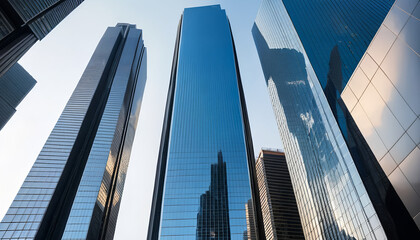 Upward Perspective of Modern Skyscrapers Reflecting the Sky and Buildings