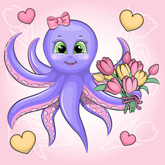 Cute Cartoon Octopus with a Bouquet of Tulips. Vector Illustration of an Animal and Hearts on a pink Background.