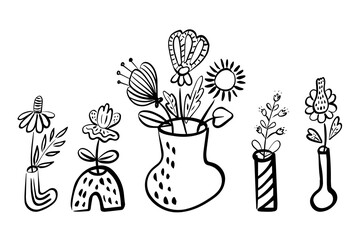 Hand-drawn black and white illustration of decorative flower vases with whimsical floral arrangements, perfect for creative designs, greeting cards, posters, and botanical-themed projects
