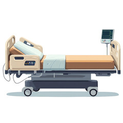Side view of a hospital bed featuring electronic controls and IV pole attachment, flat position, isolated on a white background with ample space around the object, realistic style