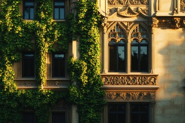 Fototapeta premium Ivy-covered historic building with ornate stonework and large windows, bathed in sunlight.