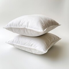 Obraz premium Two identical, plush, white cushions stacked neatly against a plain background, with a smooth texture and plump appearance.