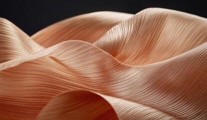 Soft, peach-toned fabric drapes in flowing, pleated folds.  Close-up view of textured, luxurious material