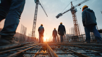 Construction crew at sunrise: workers and cranes on building site