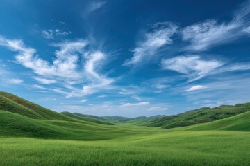 Obraz premium Serene Green Valley: Rolling Hills Under a Blue Sky with Wispy Clouds