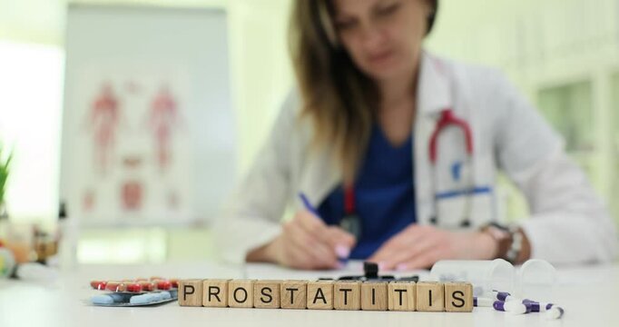 Doctor writes prescription for prostatitis treatment near wooden cubes with Prostatitis and pills on desk. Healthcare setting focused on men health