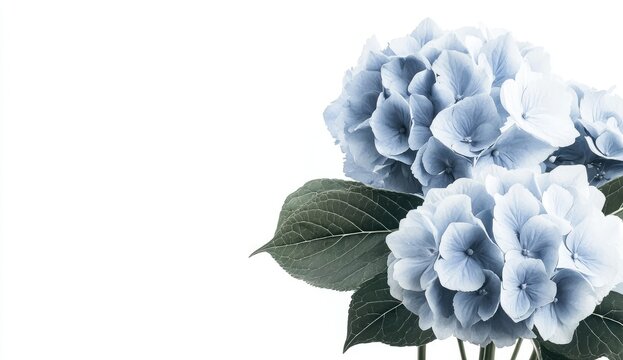 Delicate light blue hydrangea flowers in a close-up. Soft, muted tones,  with dark green leaves.  Isolated on a white background