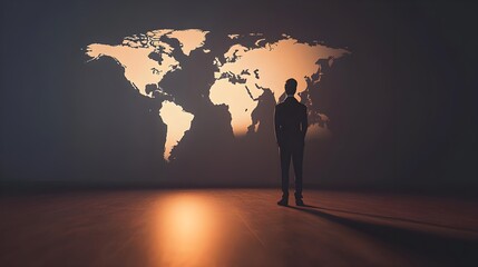 Man in Suit Standing in Front of Large Projection of World Map