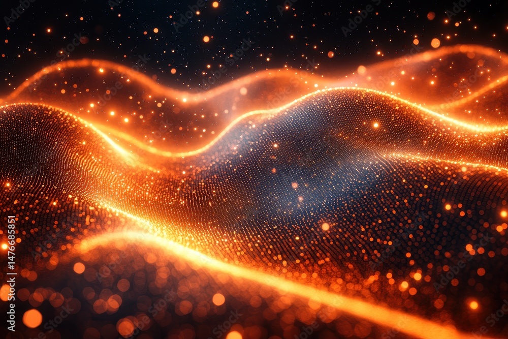 Wall mural dynamic abstract waves with glowing particles creating a mesmerizing digital landscape at night