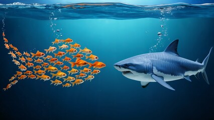 Fototapeta premium School of goldfish swimming in formation facing a great white shark underwater, concept for business strategy, risk management, and competitive advantage