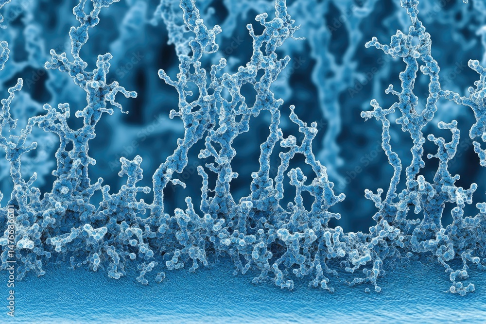 Poster microscopic image of intricate, branching structures resembling a coral reef or crystalline formatio