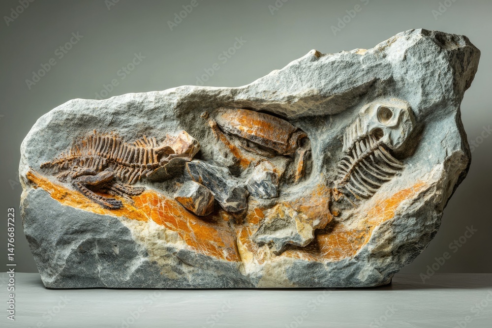 Poster fossil specimen showcasing multiple ancient marine organisms embedded in sedimentary rock.