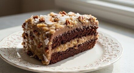 Delicious chocolate-layered cake topped with caramel frosting, nuts, and coconut served on a decorative plate in warm natural light