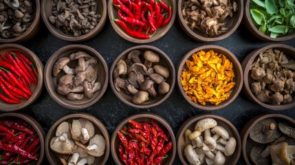 Assortment of Dried Spices and Herbs in Wooden Bowls Featuring Red Chilies and Mushrooms Creating a Textured and Colorful Culinary Composition With an Overhead Angle