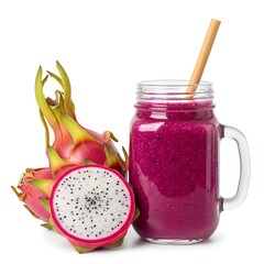 Dragon fruit smoothie in a mason jar with a bamboo straw, whole fruit beside, isolated white background
