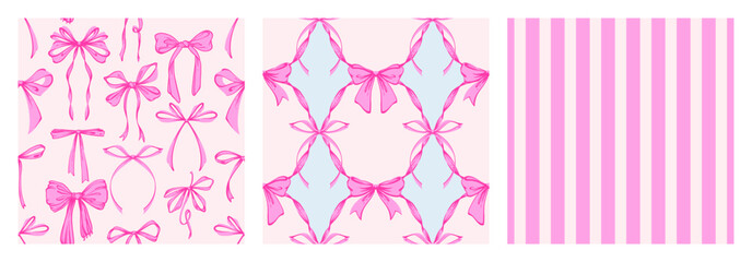 Ribbon Bow Coquette Seamless Pattern Set. Hand-Drawn Feminine Pink Backgrounds with Soft Stripes and garland of bows. Romantic Design. Perfect for a Lovely and Whimsical Valentine’s Day Backdrop