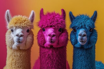 Colorful llamas pose together against a vibrant backdrop, showcasing unique fur colors and playful expressions in a lively setting