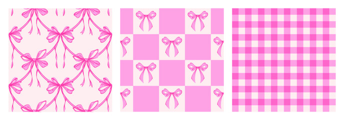 Ribbon Bow Coquette Seamless Pattern Set. Pink Hand-Drawn Feminine Checkered Pattern  Backgrounds with garland of bows. Romantic Design. Perfect for a Lovely and Whimsical Valentines Day Backdrop
