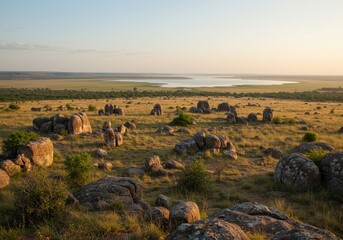 Serene Landscape of Rocky Outcrops and Expansive Water Body Under Golden Sunset Light in Tranquil Natural Setting